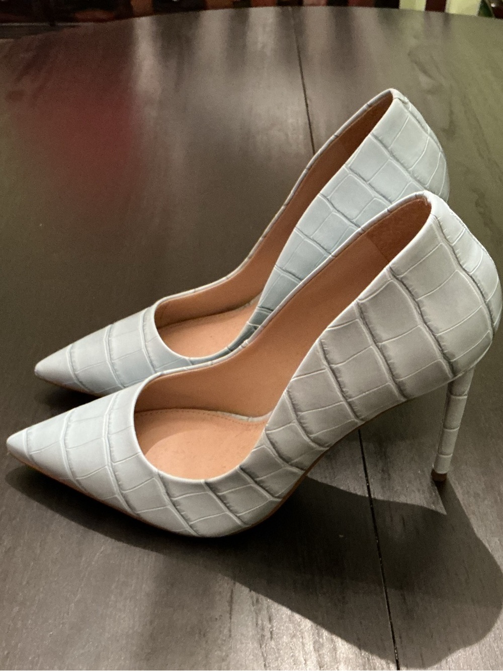 Steve Madden Vala Croc-Embossed Pointed Stiletto Heels in Powder Blue
